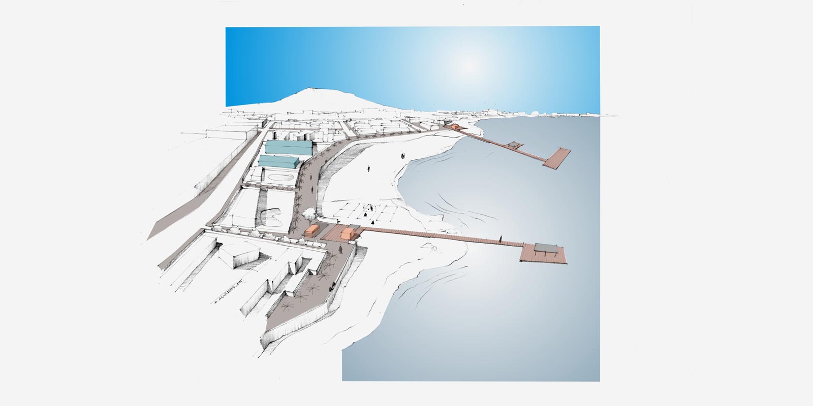 Proyecto Gesturis. Presentación estilizada de la costa y muelles de Corralejo